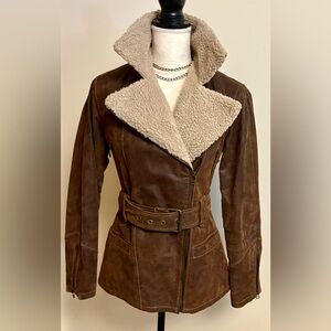 Vintage Victoria Secret Moda  Distressed Brown Leather Jacket w/ Sherpa Sz S